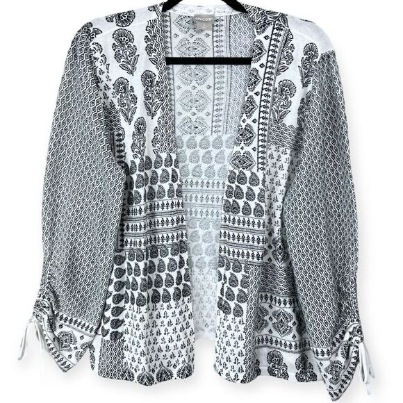 Chicos Black And White Printed Ruched-Sleeve Cardigan 2 Large Womens Lightweight - Picture 3 of 12